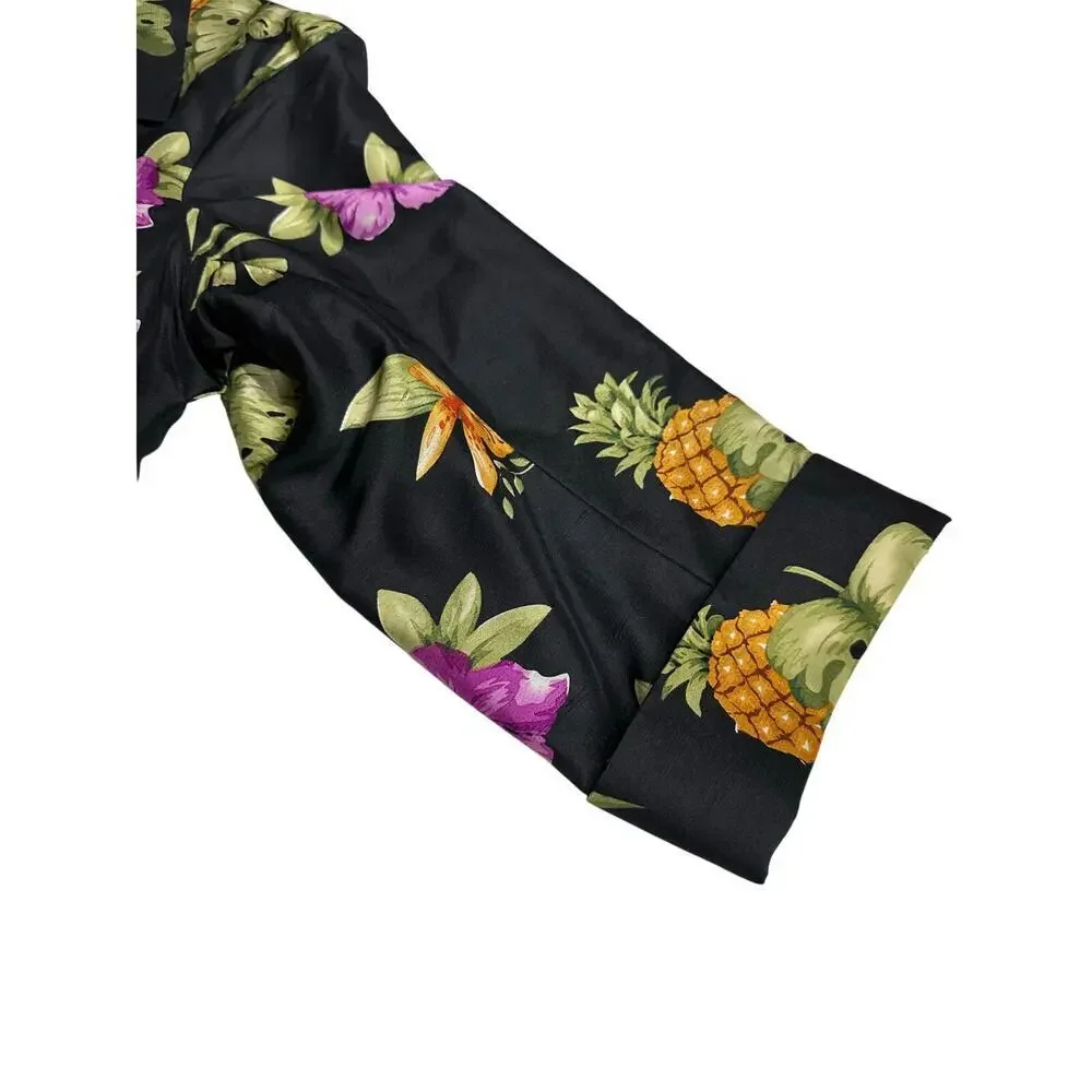 Silkland 100% Silk jacket Blazer Black Tropical Flowers 16 Resort vacation beach - Picture 8 of 13
